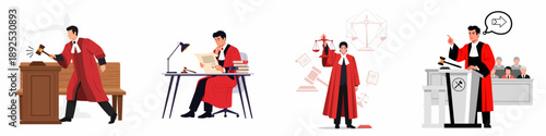 Professional set of judge illustrations showcasing legal work, court rulings with a gavel, reading documents, and the scales of justice symbol.