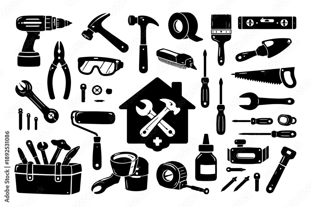 Fototapeta premium Silhouette collection of hand tools for home repair and maintenance.