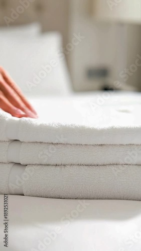 Housekeeping woman worker placing soft white bath towels on a bed in a modern bedroom with a blurry background of a bright and clean hotel suite