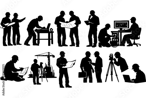 Silhouetted construction workers engaged in various tasks and activities.