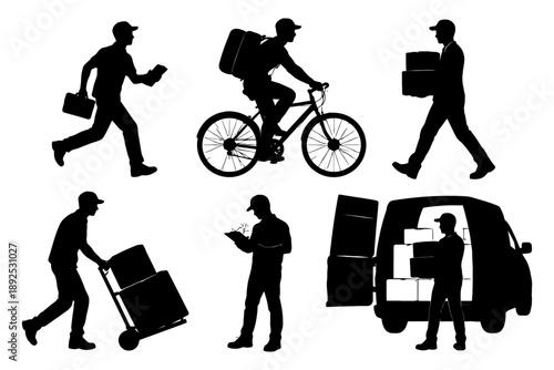 Silhouette delivery workers and vehicles in various actions and poses.