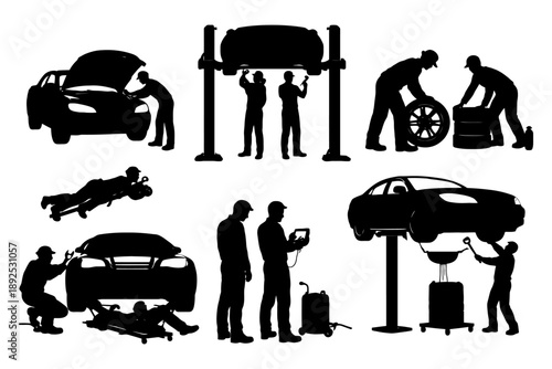 Silhouettes of mechanics working on cars in various repair tasks.