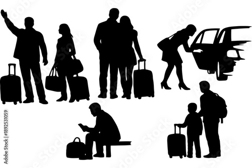 Silhouettes of travelers with luggage at an airport.