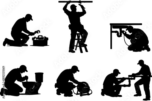 Silhouettes of male workers in various plumbing activities.
