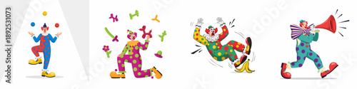 Set of four illustrations showing colorful clowns performing various circus acts, including juggling, balloon twisting, slipping on a banana peel, and announcing with a megaphone.