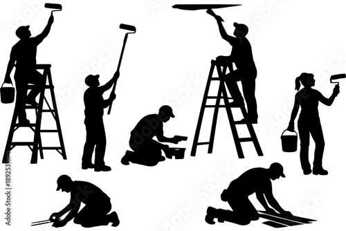 Silhouettes of painters at work: painting, ladder, roller, tools.