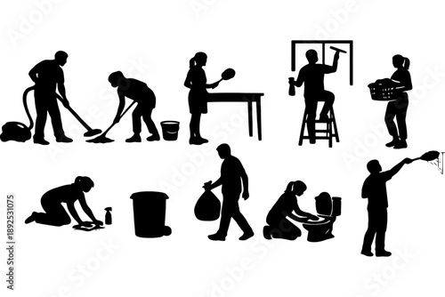 Silhouette of people performing various household chores.