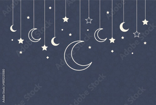 Dark blue night-themed design with hanging cream-colored crescent moons, stars, and geometric accents — calm and celestial.