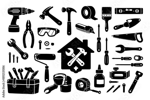 Silhouette collection of hand tools for home repair and maintenance.