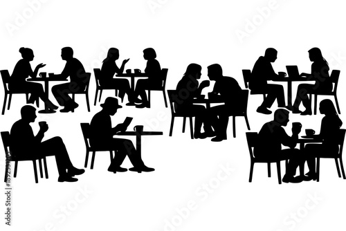 Silhouette of diverse people socializing in a cafe setting with laptops and coffee.