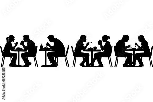 Silhouette of couples dining at tables: social interaction and dining experience.