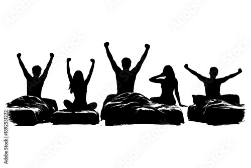 Silhouette of diverse group celebrating on beds.
