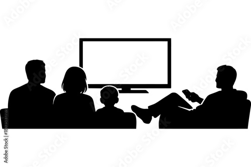 Silhouette of family watching tv together with remote control.