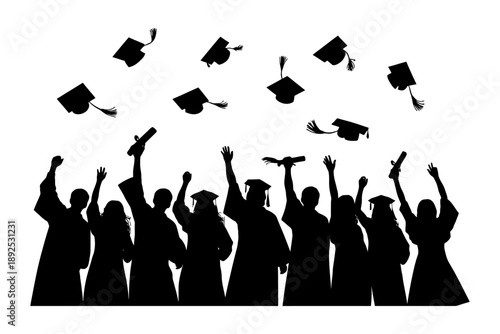 Silhouettes of graduates celebrating with cap toss in joyful ceremony.