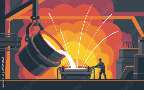 Molten metal being poured into a furnace by a crane in an industrial setting with a worker nearby