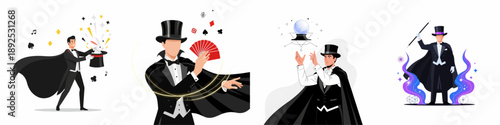 Vector set of stage magicians performing classic illusions: pulling a rabbit from a hat, card tricks, and crystal ball divination.