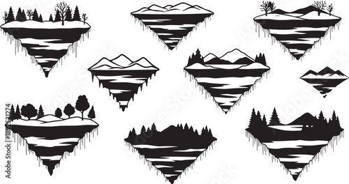 Floating Islands with Mountains and Trees Silhouette Vector Graphics