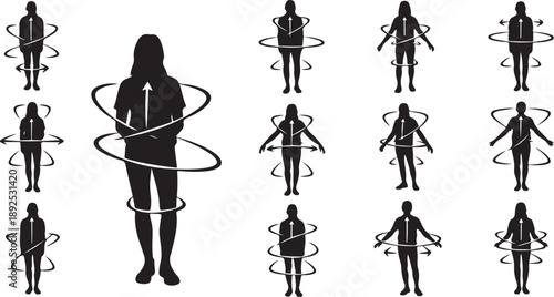 Silhouette of woman in various yoga poses and movements