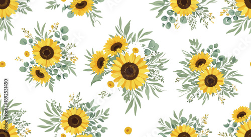 Seamless sunflower floral pattern with bright summer garden flowers
