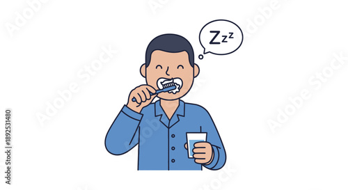 Man Brushing Teeth Before Bed Cartoon.