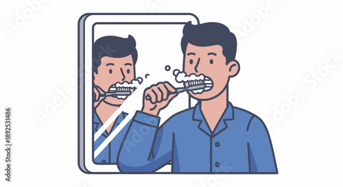 Man Brushing Teeth in Front of Mirror.