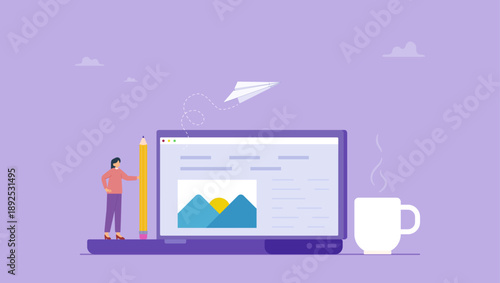 Creative woman holding pencil with content on website. Content writer, blogger or bullet journal, publishing editor or writing article online, copywriter for advertising, freelance journalist.