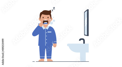 Man Brushing Teeth in Pajamas Standing.