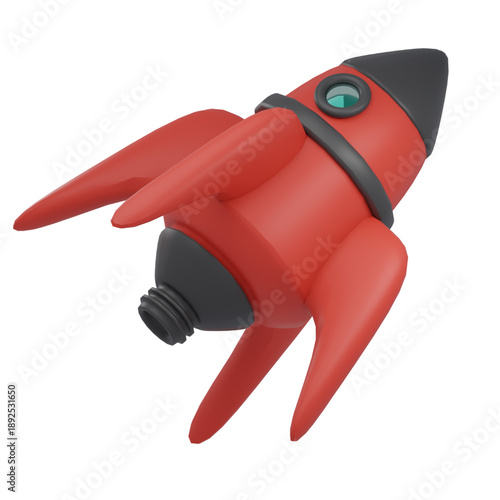 A stylized, red and black cartoon-like rocket ship with fins is angled upwards, suggesting liftoff into space