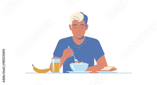 Man Eating Breakfast Cereal with Spoon.