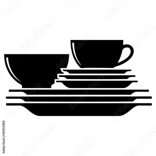 Black silhouette vector of stacked ceramic dinnerware plates with coffee cup bowl