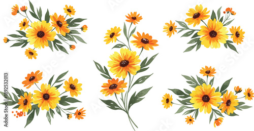 A beautiful spring pattern of yellow daisy and camomile blossoms with green leaves forms a decorative floral frame on a white background