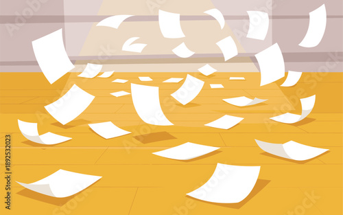 Scattered papers blowing in the air on a wooden floor, illustrating a messy office environment from a low viewpoint