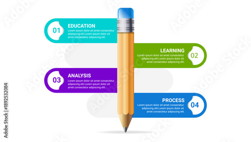 Education infographic template featuring a realistic pencil with 4 colorful steps. Vector timeline design layout for school, learning processes, analysis, and business presentations.