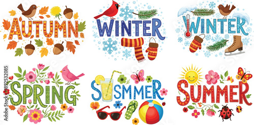 Hand lettered seasonal sets with floral and winter elements vector illustration