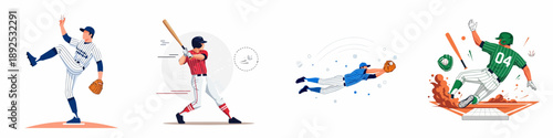 A vector collection of baseball players performing key actions: pitching, batting, diving catch, and base sliding in dynamic illustrations.
