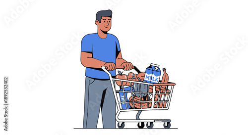 Man Pushing Shopping Cart Full Products.