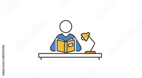 Man Reading Book at Desk with Lamp.