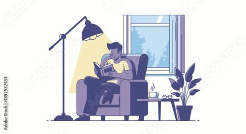 Man Reading Book in Armchair Relaxing.