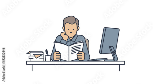 Man Reading Document at Desk with Computer.