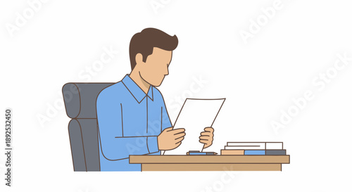 Man Reading Document at Desk.