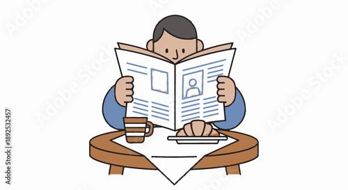 Man Reading Newspaper at Desk.