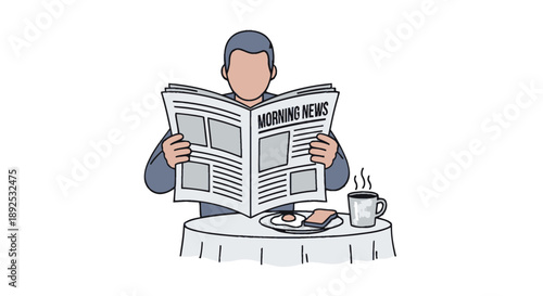 Man Reading Newspaper at Table.