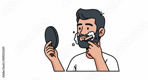 Man Shaving Beard with Razor and Mirror.