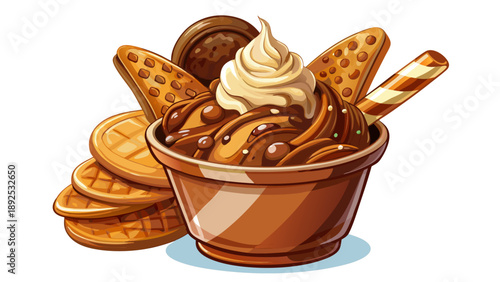 Very beautiful close-up of creamy chocolate ice cream served in a cup with wafer and crispy biscuit in Tropea, Calabria, showcasing rich texture, indulgent dessert details, and authentic Italian sweet