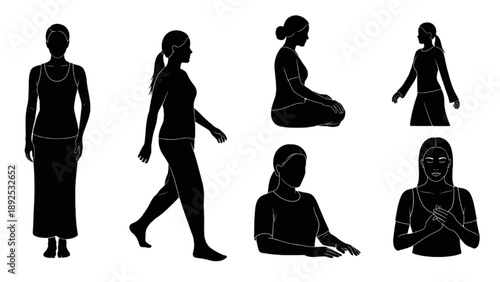 Minimal Black Outline Inclusive Human Silhouettes Expressing Stillness, Ease, and Mindful Pace