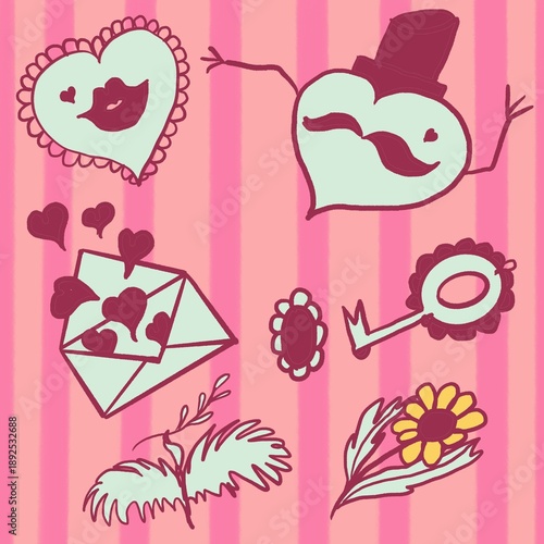 vector illustration of a set of wedding elements baby, pattern, vector, love, pink, card, illustration, design, seamless, wallpaper, birthday, valentine