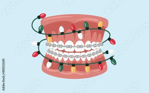A festive illustration of dental braces decorated with Christmas lights, showcasing orthodontic treatment in a holiday theme, viewed from the front