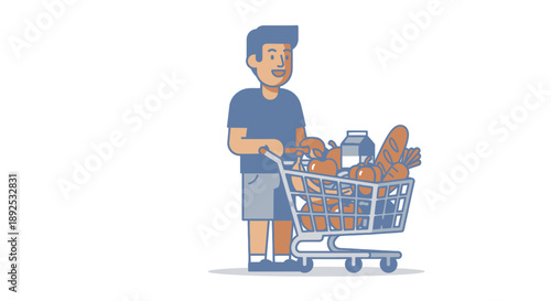 Man Shopping with Full Cart of Groceries.