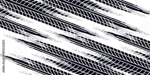 Tire tread marks, drift, motorsport, motocross, rally, tread mark with skid, grinding, splash effect. Graphic set of tire treads, wheel texture, car racing. Vector collection, wheel treads on asphalt