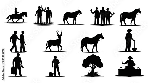 Black Silhouette Set of Rural Life Scenes with People, Animals, and Traditional Work